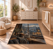 French Press Rainy Window rug in a nursery beside a crib and dresser