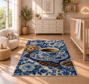 Blue Willow Coffee Cup rug in a nursery beside a crib and dresser