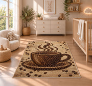 Coffee Bean Cup Art rug in a nursery beside a crib and dresser