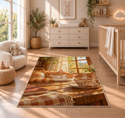 Cat and Morning Coffee rug in a nursery beside a crib and dresser