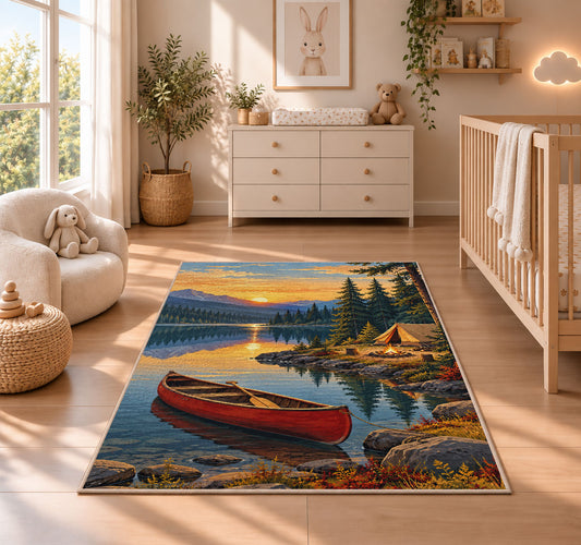 Red Canoe and Tent at Sunrise Lake rug in a nursery beside a crib and dresser