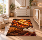 Campfire S'mores rug in a nursery beside a crib and dresser