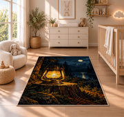 Vintage Camping Lantern rug in a nursery beside a crib and dresser