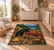 Black Bear Campsite Picnic rug in a nursery beside a crib and dresser