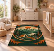 Vintage Camping Badge rug in a nursery beside a crib and dresser