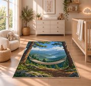 Hammock Between Pines rug in a nursery beside a crib and dresser