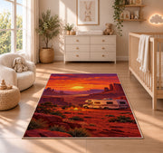 RV Red Rock Desert Sunset rug in a nursery beside a crib and dresser