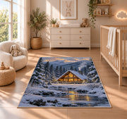 A-Frame Cabin in Snowy Pines rug in a nursery beside a crib and dresser
