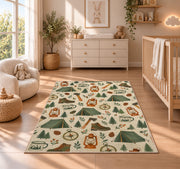 Camping Gear Pattern rug in a nursery beside a crib and dresser