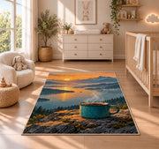 Steaming Camp Mug at Dawn rug in a nursery beside a crib and dresser