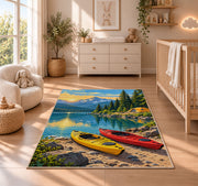 Kayaks on the Lakeshore rug in a nursery beside a crib and dresser