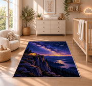 Tent on Cliff with Shooting Star rug in a nursery beside a crib and dresser