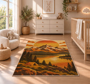Retro 70s Mountain Sunset rug in a nursery beside a crib and dresser