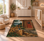 Firewood and Axe by Cabin rug in a nursery beside a crib and dresser