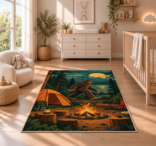 Bigfoot Campsite rug in a nursery beside a crib and dresser
