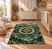 Compass in Mountain Forest Ring rug in a nursery beside a crib and dresser