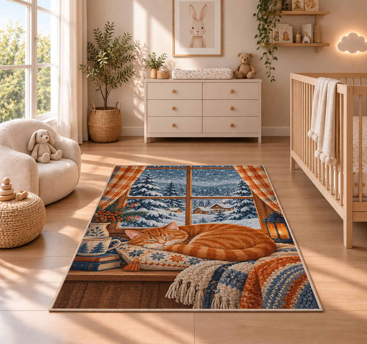 Orange Cat Snowy Window rug in a nursery beside a crib and dresser
