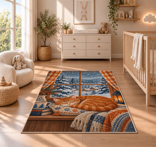 Orange Cat Snowy Window rug in a nursery beside a crib and dresser