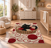 Black Cat Yarn Basket rug in a nursery beside a crib and dresser