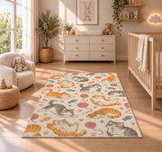Lazy Cats Pattern rug in a nursery beside a crib and dresser