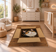 Calico Cat in a Box rug in a nursery beside a crib and dresser