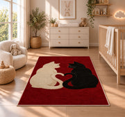 Cats with Heart Tails rug in a nursery beside a crib and dresser