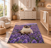 Siamese Cat Lavender rug in a nursery beside a crib and dresser