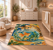 Tabby Cat and Goldfish rug in a nursery beside a crib and dresser