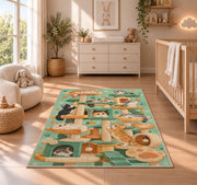 Cat Tree Playground rug in a nursery beside a crib and dresser