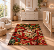 Kitten in Christmas Gift rug in a nursery beside a crib and dresser