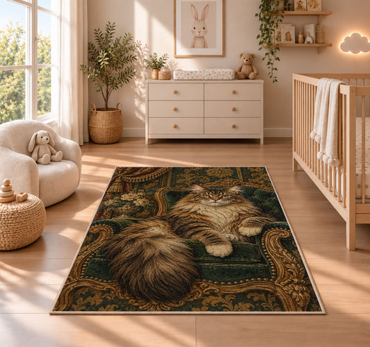 Maine Coon on Velvet Chair rug in a nursery beside a crib and dresser