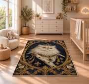 Royal Persian Cat Portrait rug in a nursery beside a crib and dresser