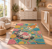 Kittens Tangled in Yarn rug in a nursery beside a crib and dresser