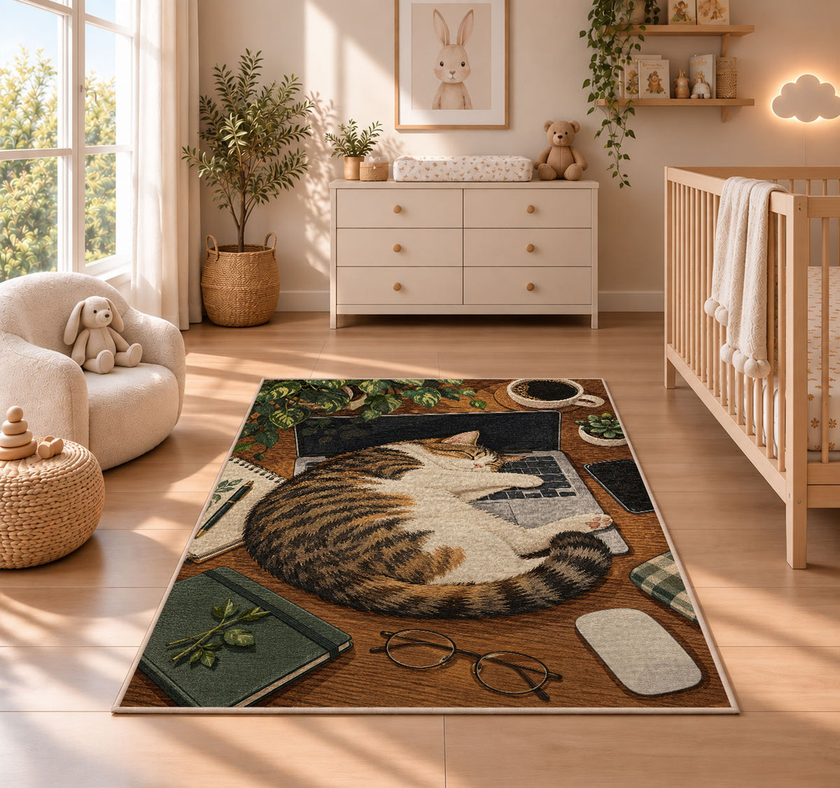 Cat Napping on Laptop rug in a nursery beside a crib and dresser