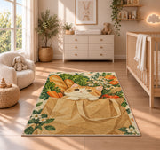 Cat in Grocery Bag rug in a nursery beside a crib and dresser