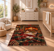 Sweater Kitten by Fireplace rug in a nursery beside a crib and dresser
