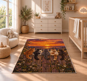 Cats on Fence at Sunset rug in a nursery beside a crib and dresser