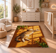 Tabby Cat Sunbathing rug in a nursery beside a crib and dresser