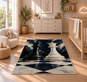 black king and white queen chess pieces rug in a nursery beside a crib and dresser