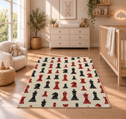 chess pieces pattern rug in a nursery beside a crib and dresser