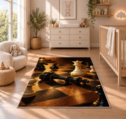 checkmate chess scene rug in a nursery beside a crib and dresser