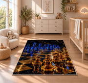 glowing glass chess pieces rug in a nursery beside a crib and dresser