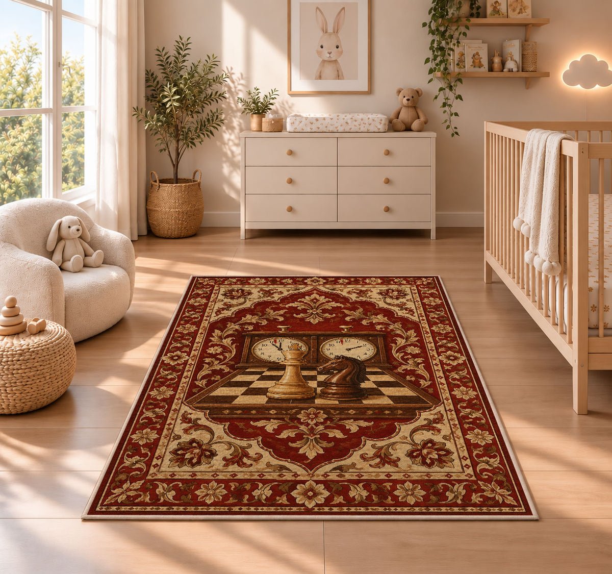 chess clock and chess pieces rug in a nursery beside a crib and dresser