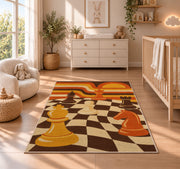 retro 70s chessboard rug in a nursery beside a crib and dresser