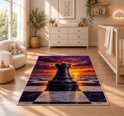 rook chess piece at sunset rug in a nursery beside a crib and dresser