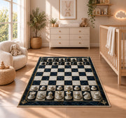 marble chessboard rug in a nursery beside a crib and dresser