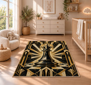 art deco chess king rug in a nursery beside a crib and dresser