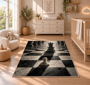 pawn with queen shadow chess rug in a nursery beside a crib and dresser