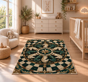 knight chess pieces mandala pattern rug in a nursery beside a crib and dresser