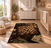 chessboard on a study desk rug in a nursery beside a crib and dresser